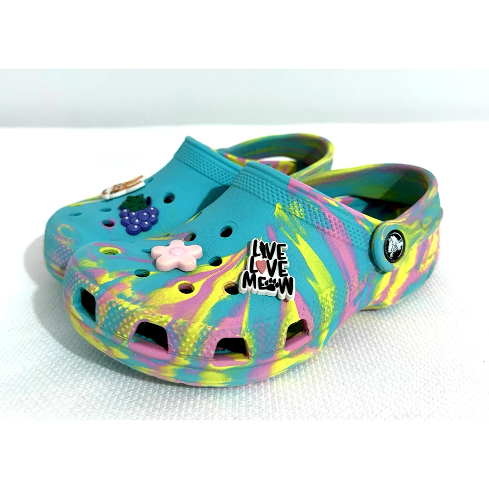 Crocs Classic Marbled Tie Dye Girls J1 Digital Aqua Multi Breathable Lightweight - Picture 7 of 9